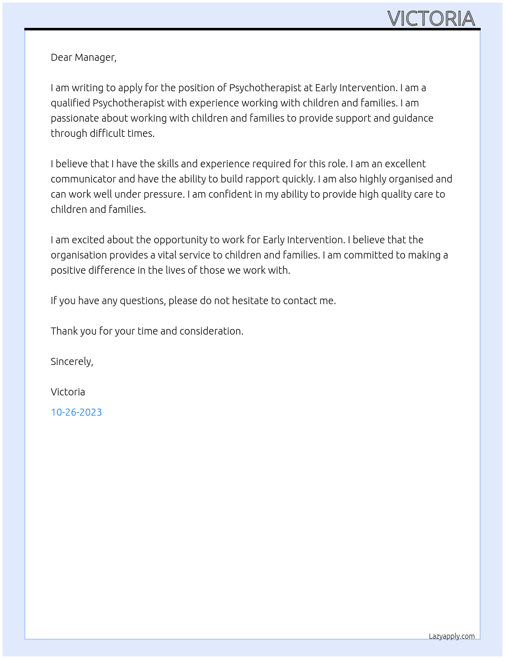 Psychotherapist  At Early intervention  Cover Letter
