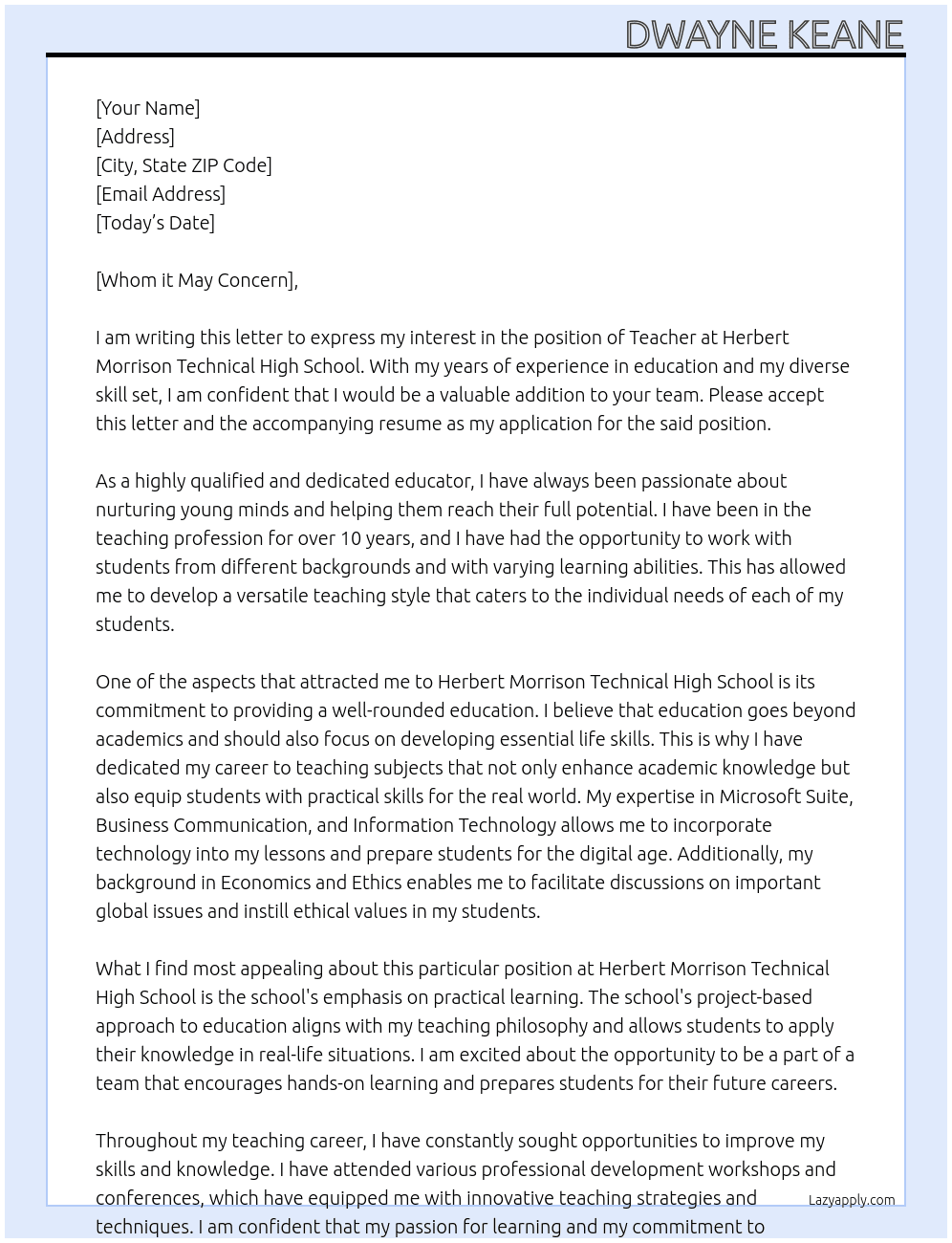 Teacher At Herbert Morrison Technical High School Cover Letter