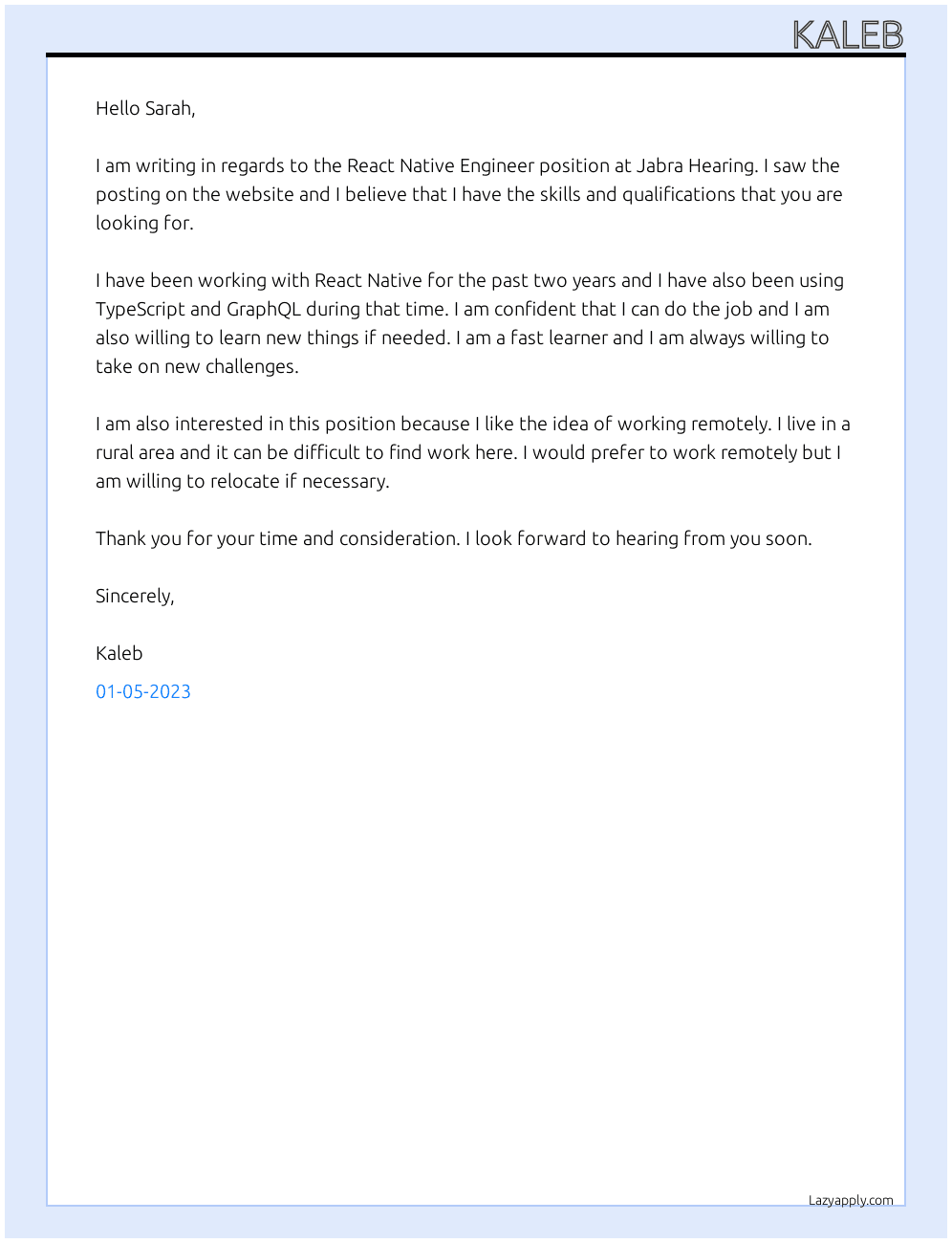 React Native Engineer At Jabra Hearing Cover Letter