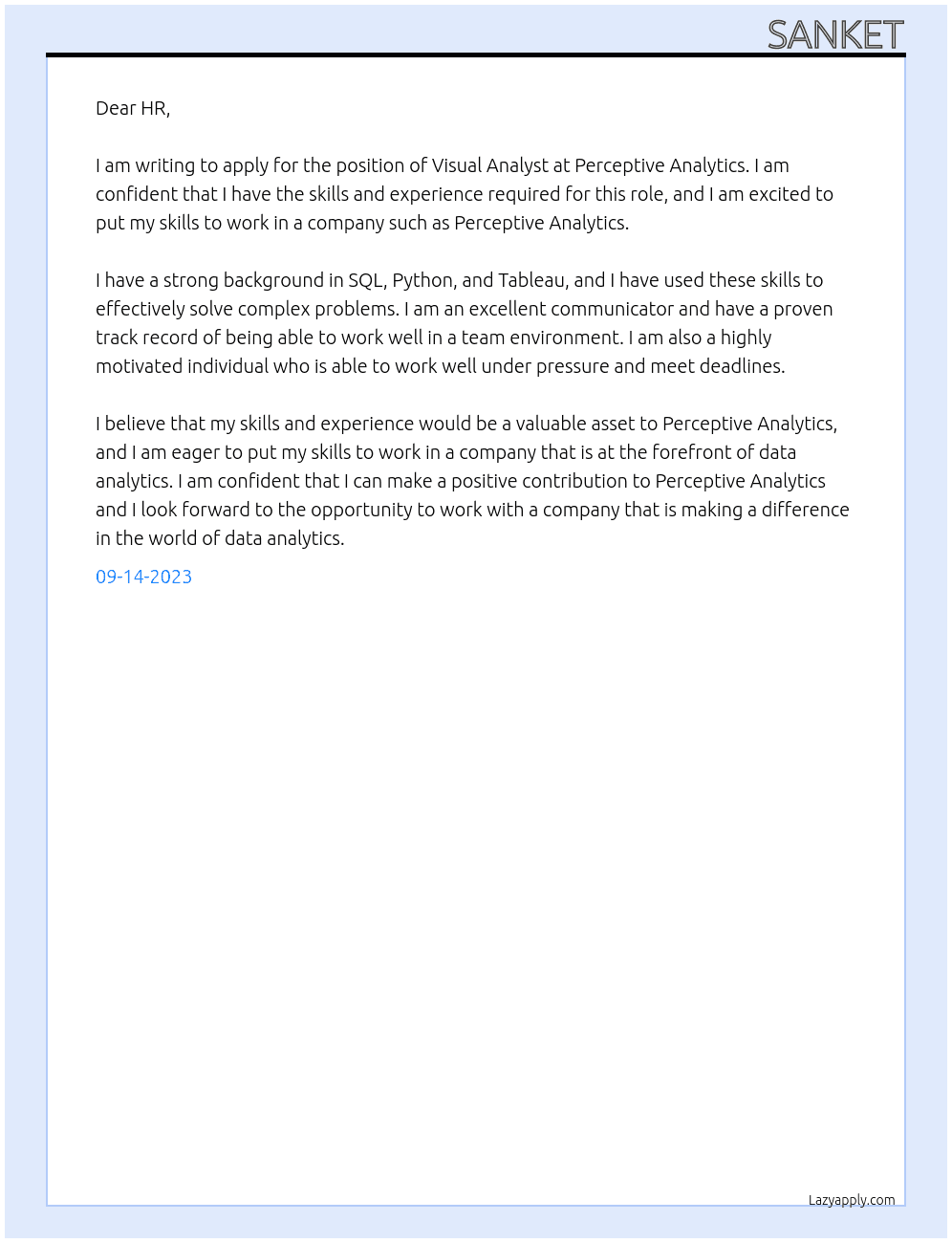 Visual Analyst At Perceptive Analytics Cover Letter