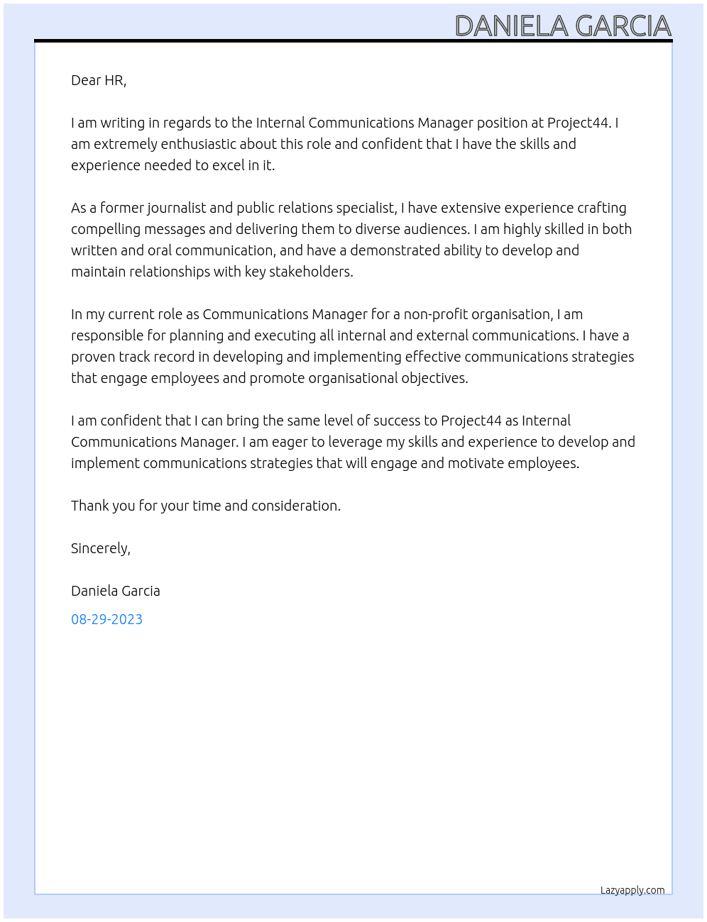 Internal Communications Manager At project44 Cover Letter