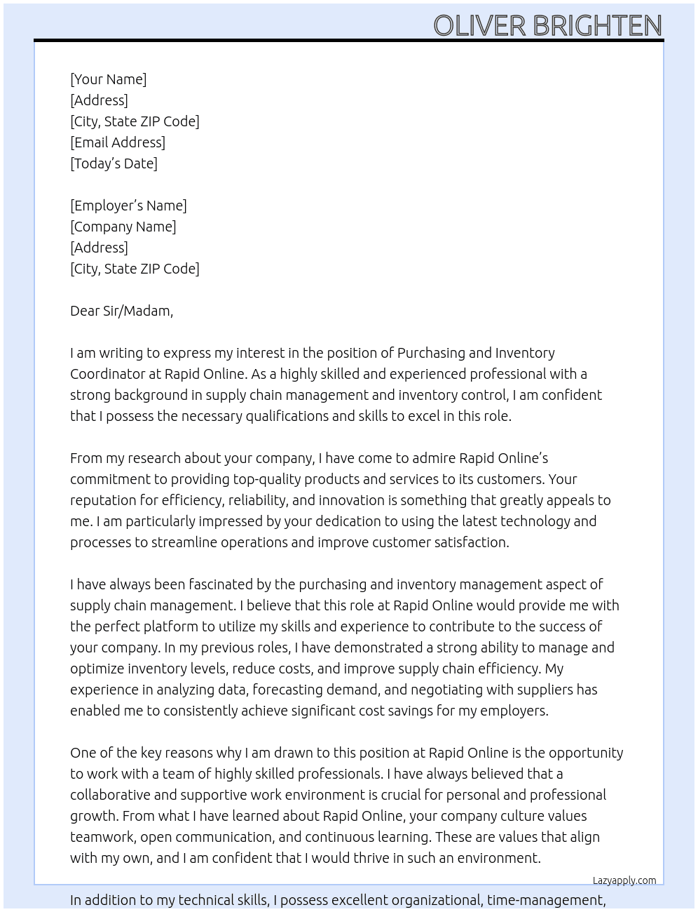 Purchasing and Inventory Coordinator At Rapid Online Cover Letter