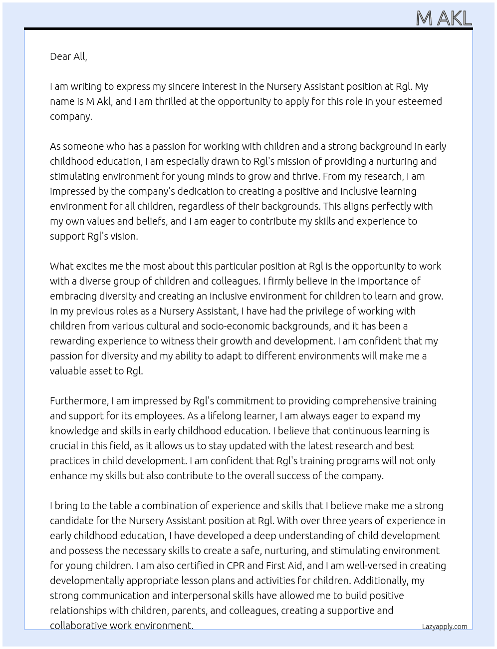 Nursery Assistant  At Rgl Cover Letter