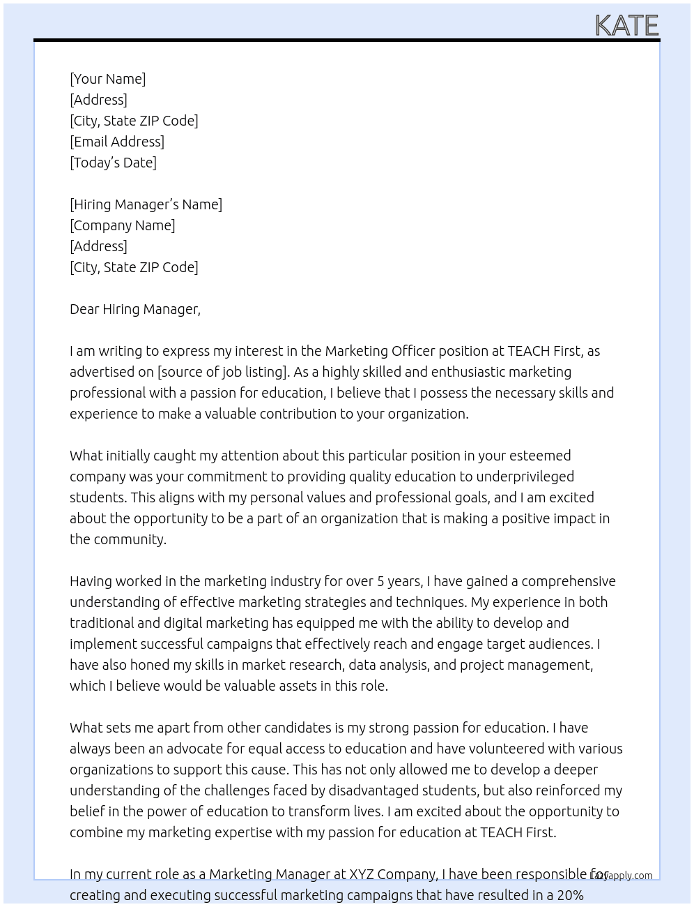 Marketing Officer At TEACH First Cover Letter