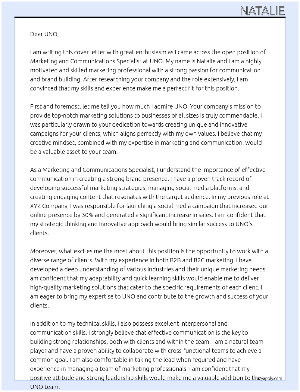 Marketing and Communications Specialist At UNO Cover Letter