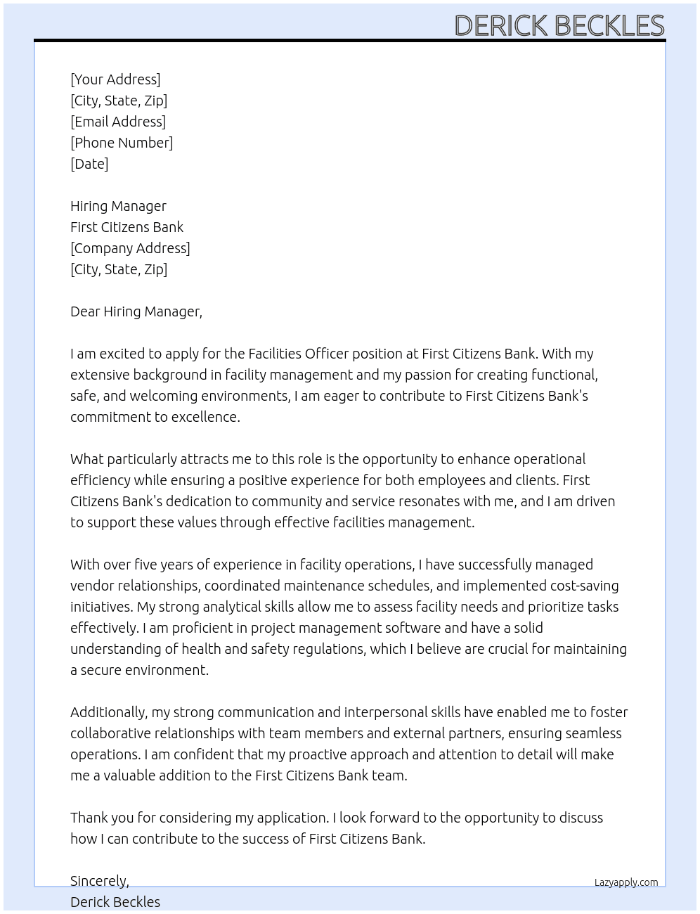 Cover letter for facilities officer - LazyApply