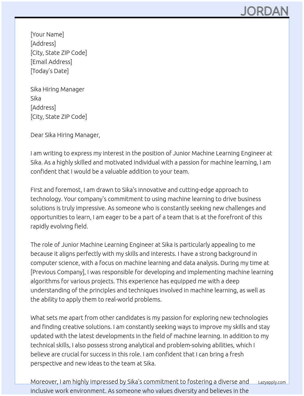 Junior Machine Learning Engineer At Sika Cover Letter