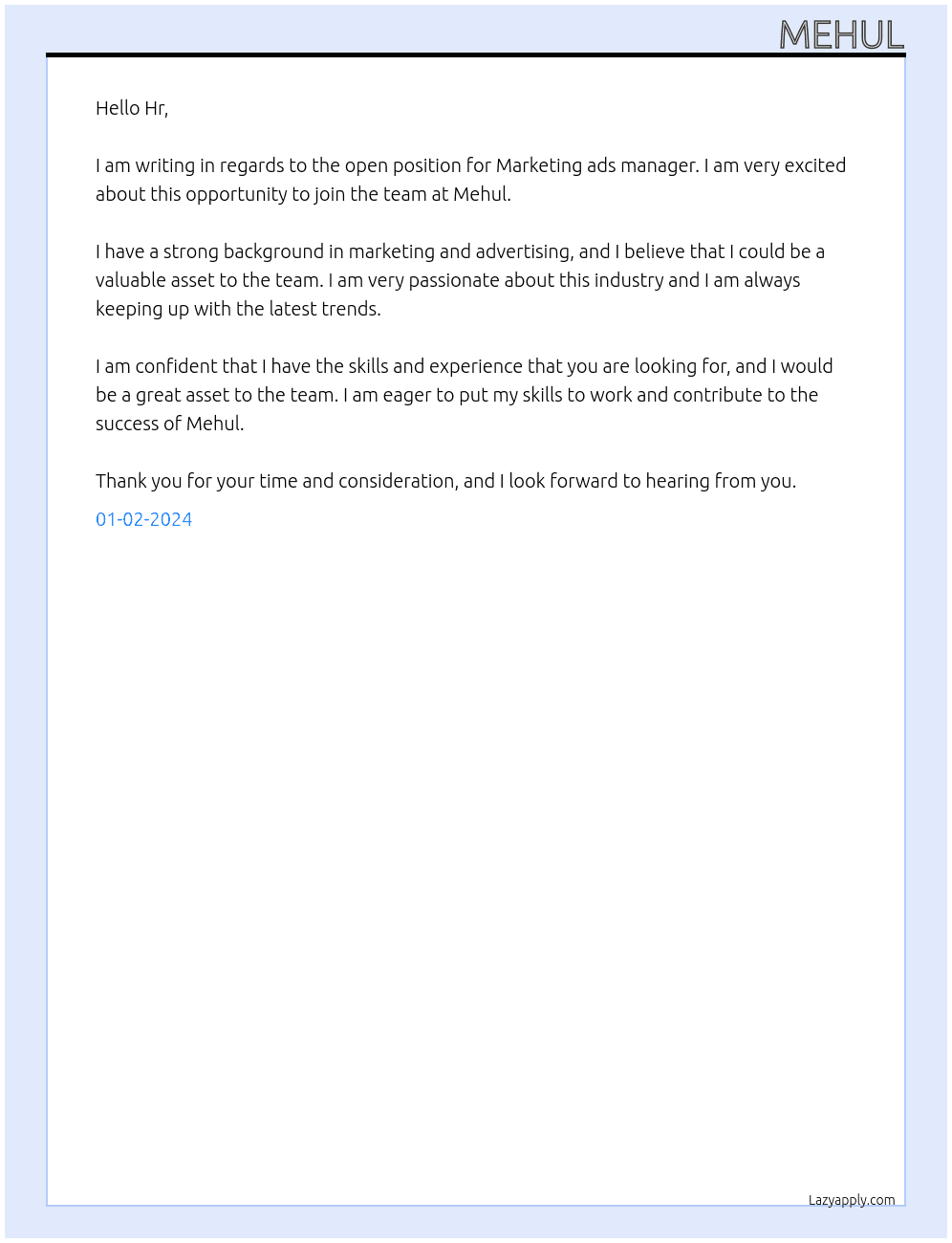 Marketing ads manager At mehul Cover Letter