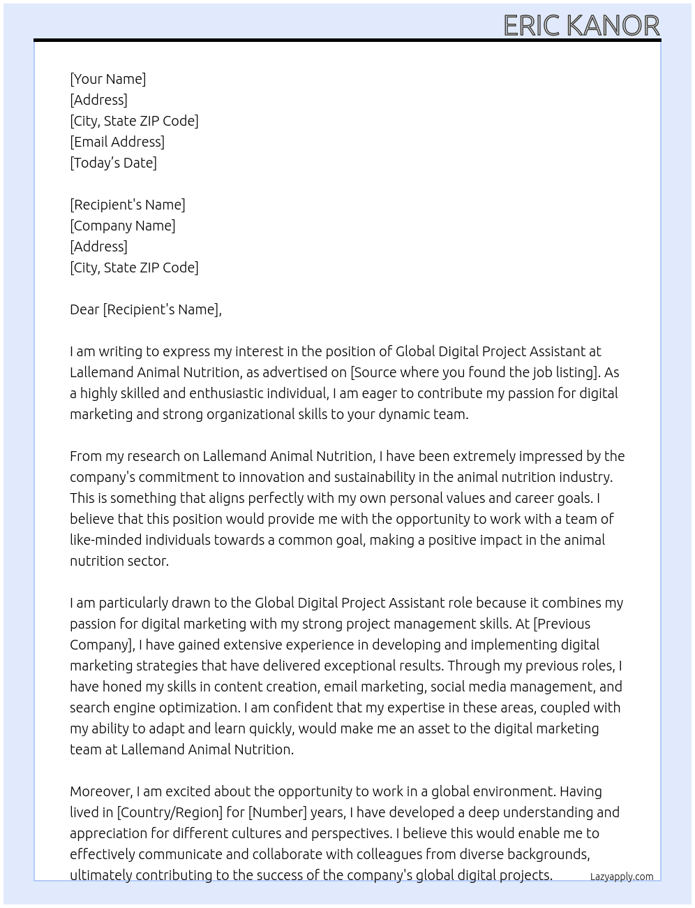 Global Digital Project Assitant At Lallemand Animal Nutrition Cover Letter