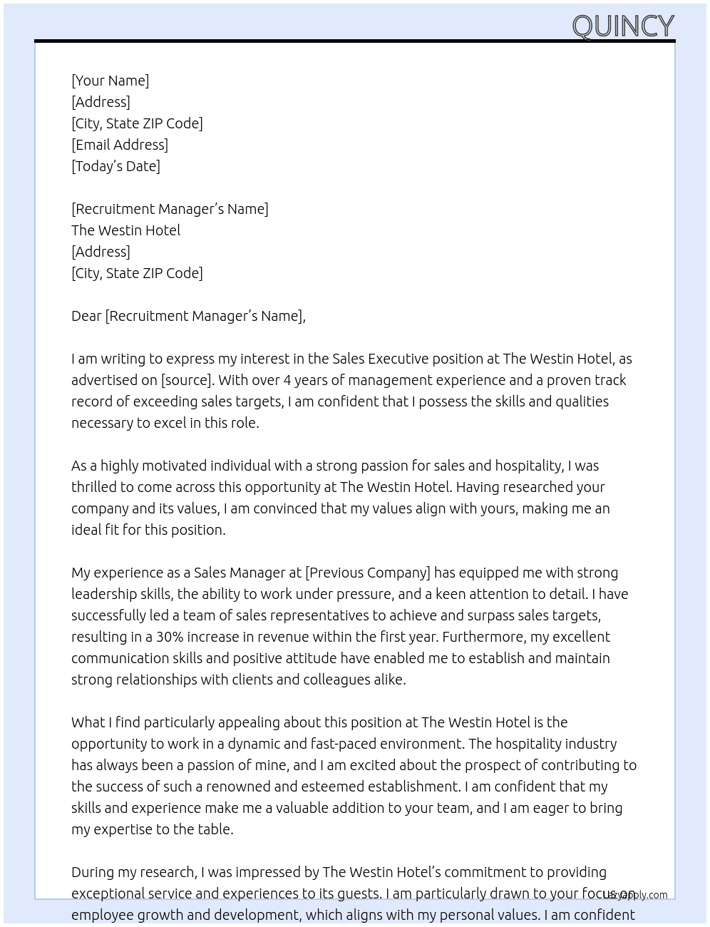 Sales Executive At The Westin  Cover Letter