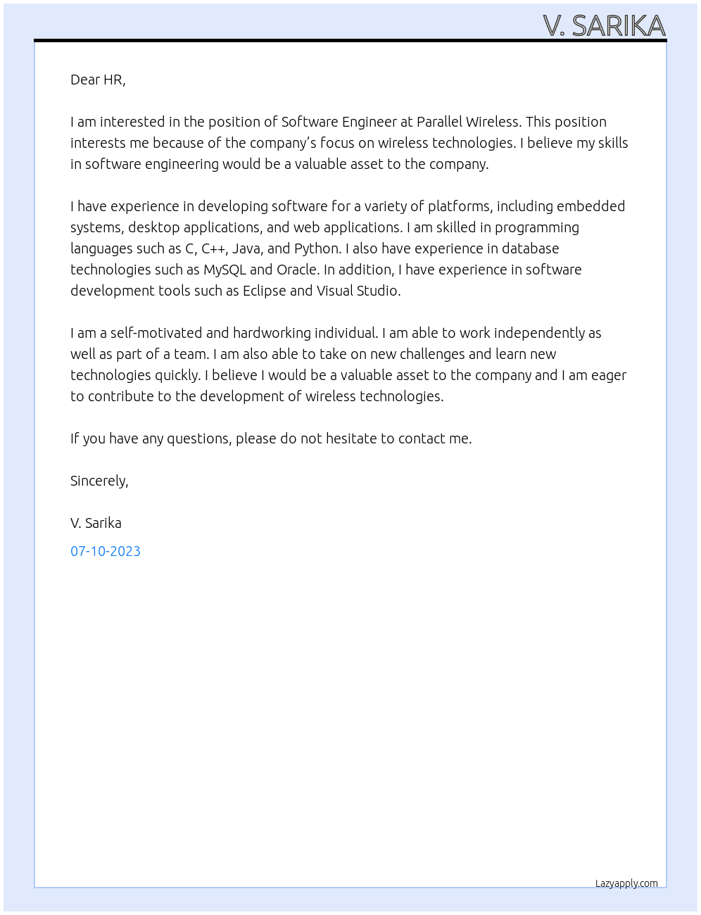 Software Engineer At Parallel Wireless Cover Letter