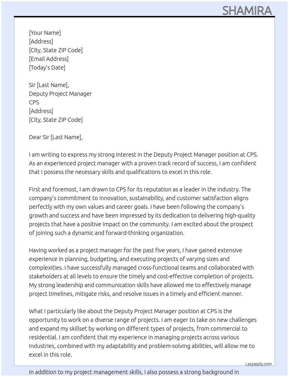Deputy Project Manager  At CPS Cover Letter