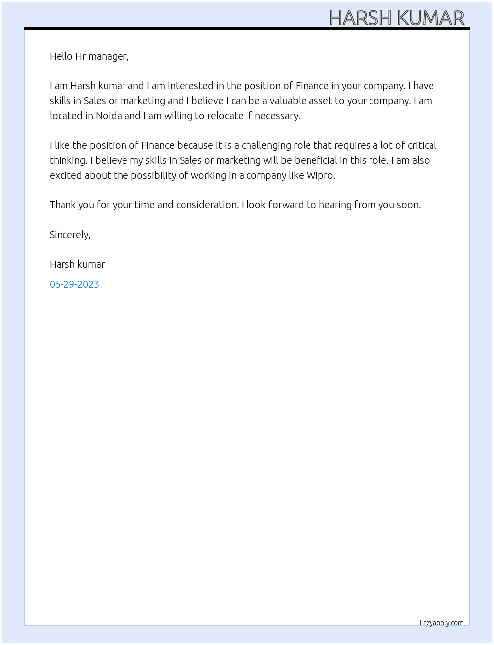 Finance  At Wipro Cover Letter