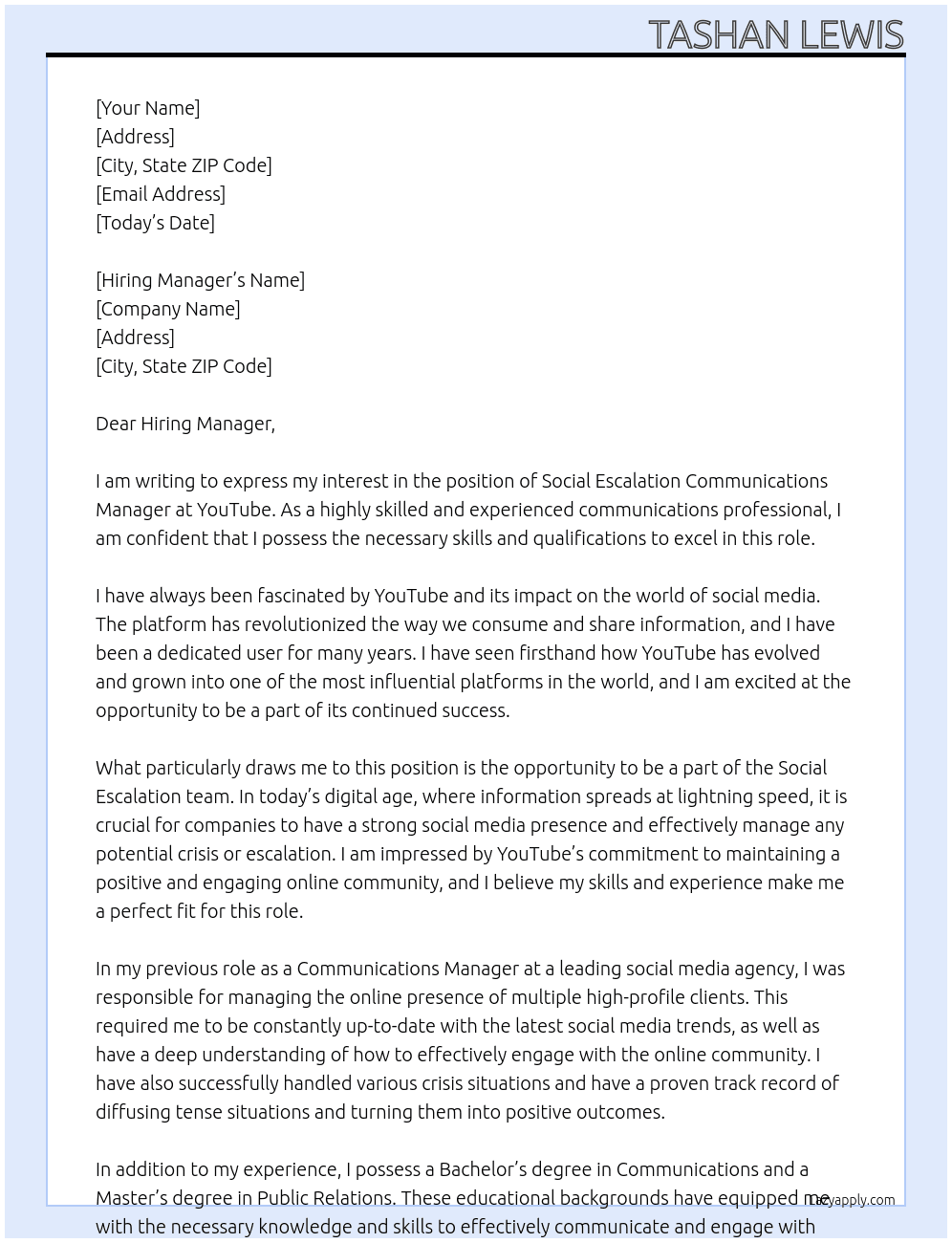 Social Escalation Communications Manager, YouTube At YouTube Cover Letter