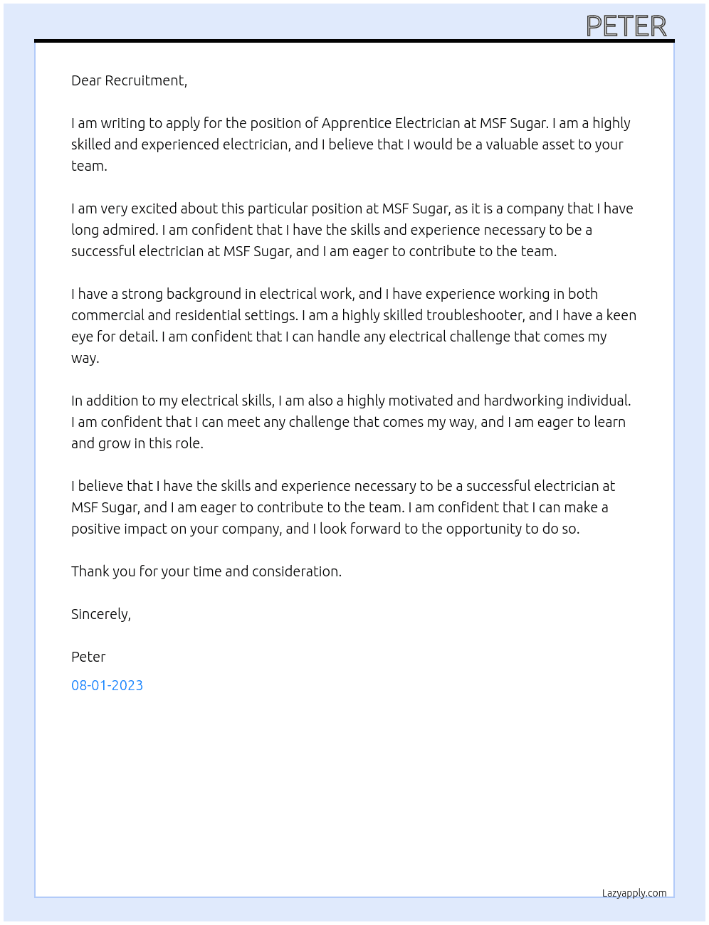 Apprentice Electrition At MSF Sugar Cover Letter