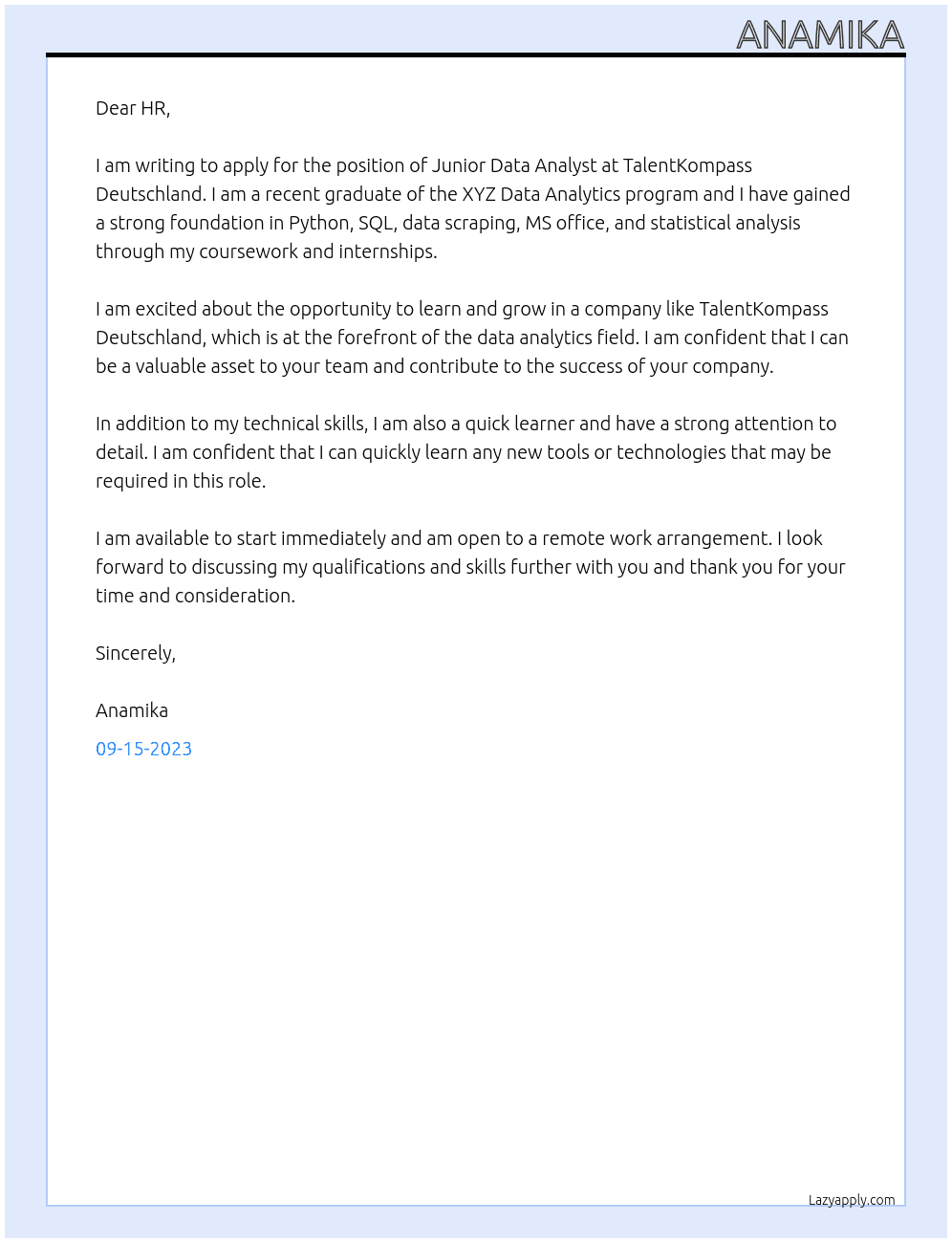 Junior Data Analyst  At TalentKompass Deutshland Cover Letter