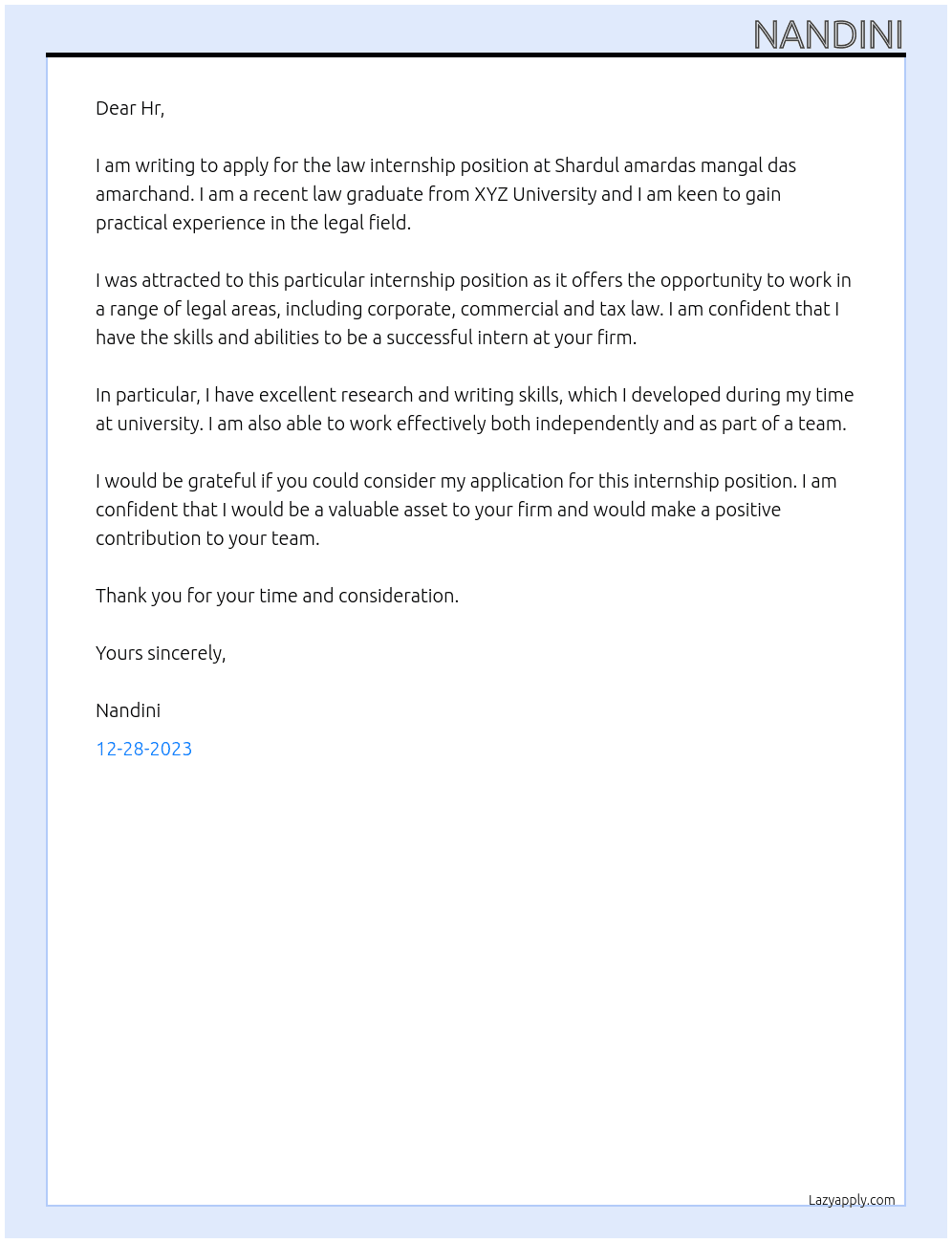 LAW INTERNSHIP At Shardul amardas mangal das amarchand  Cover Letter
