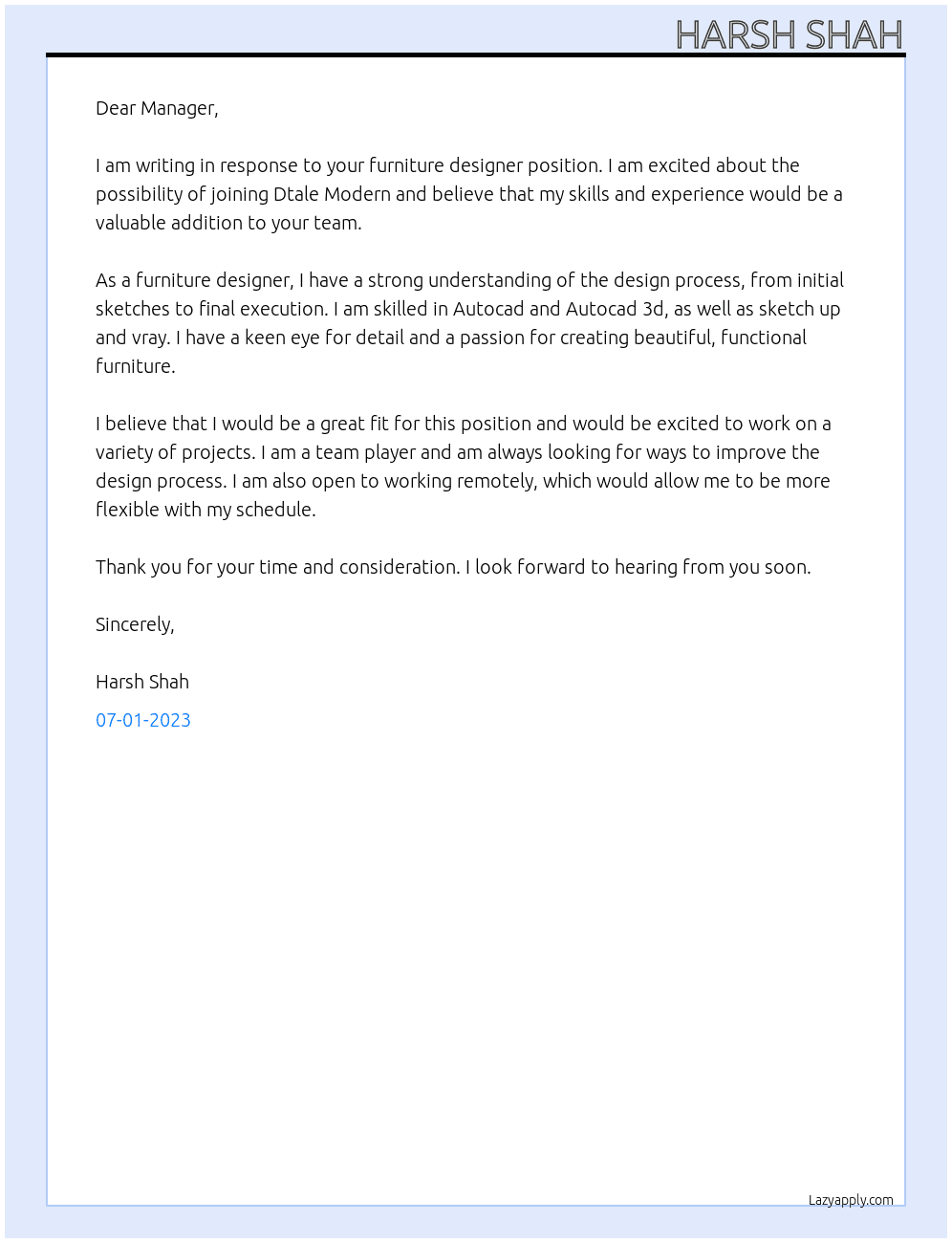  furniture designer  At Dtale modern  Cover Letter