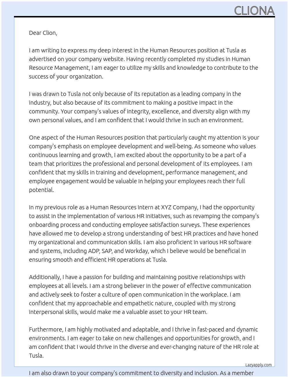 Human Resources At Tusla  Cover Letter