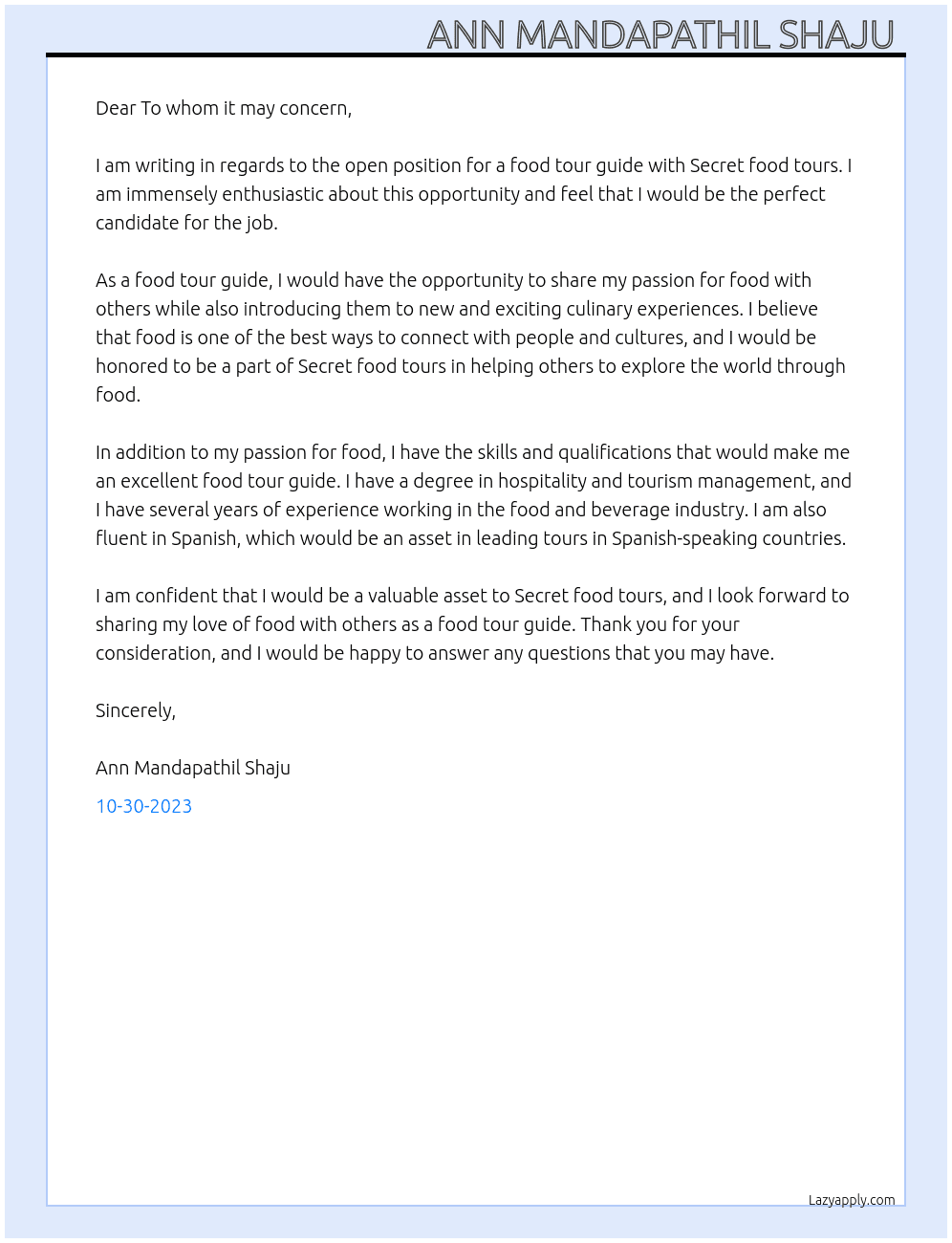Food tour guide At Secret food tours Cover Letter