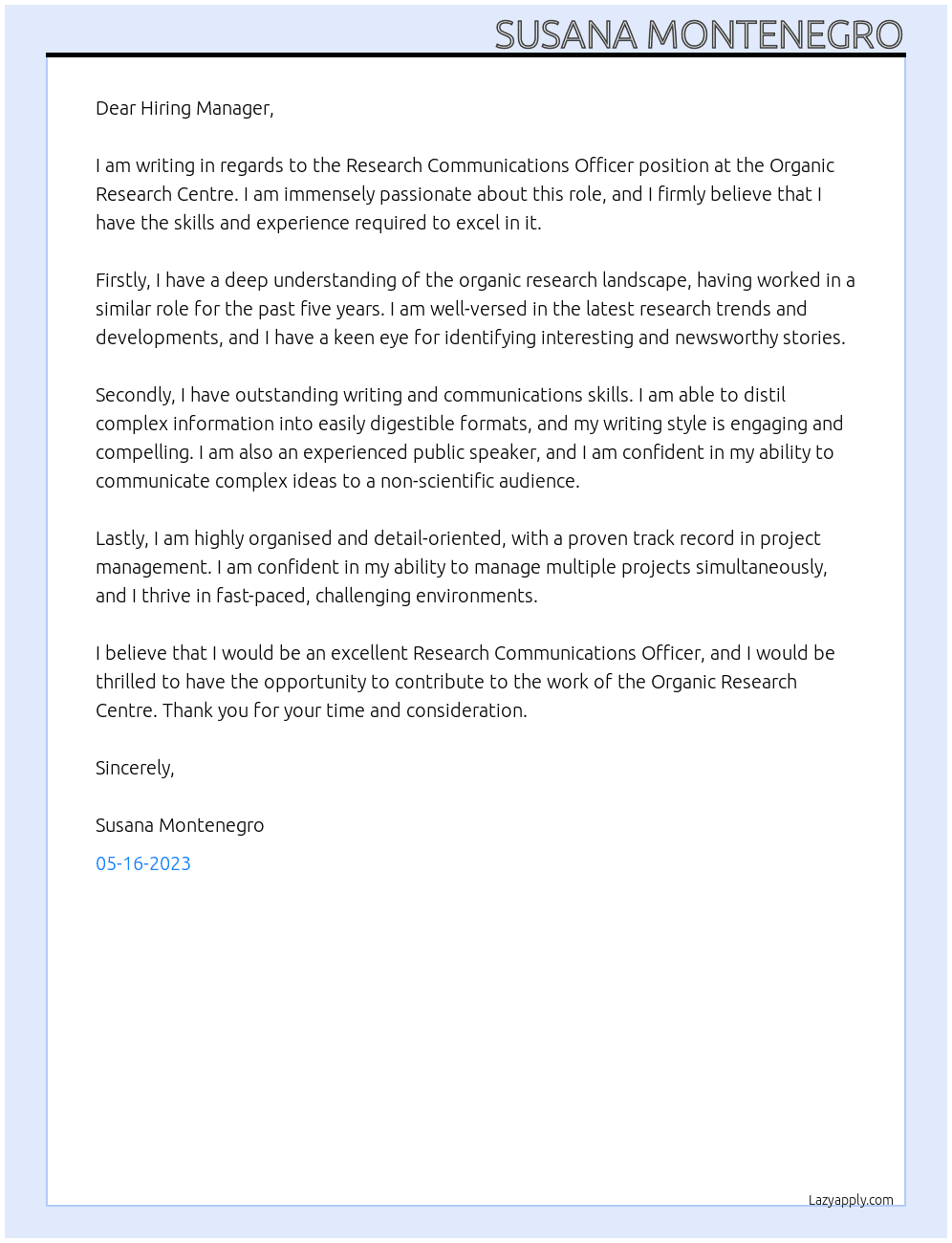Research Communications Officer At Organic Research Centre Cover Letter