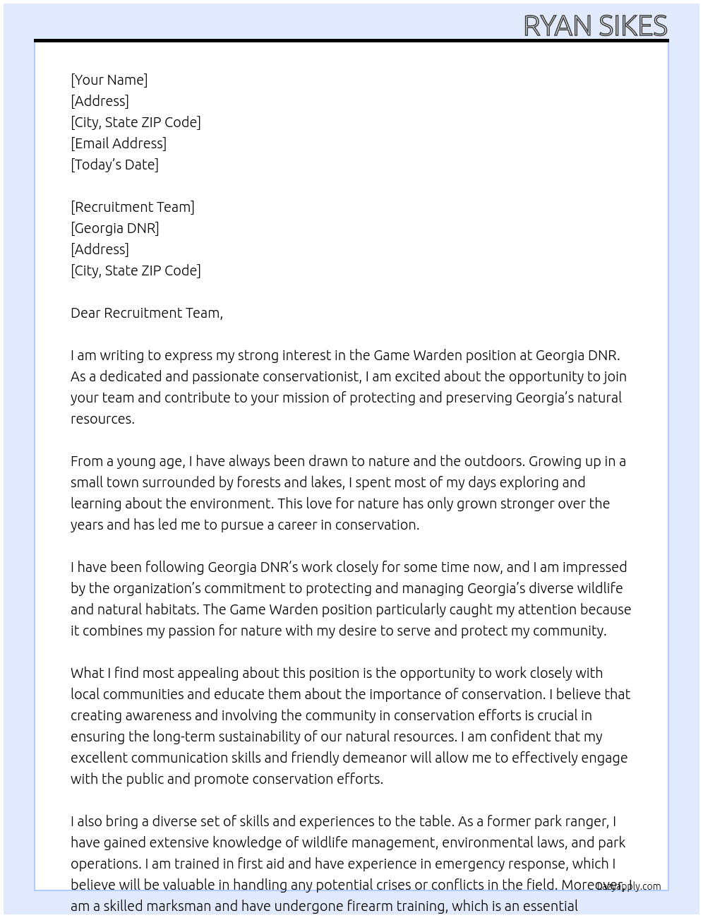 Game Warden At Georgia DNR Cover Letter