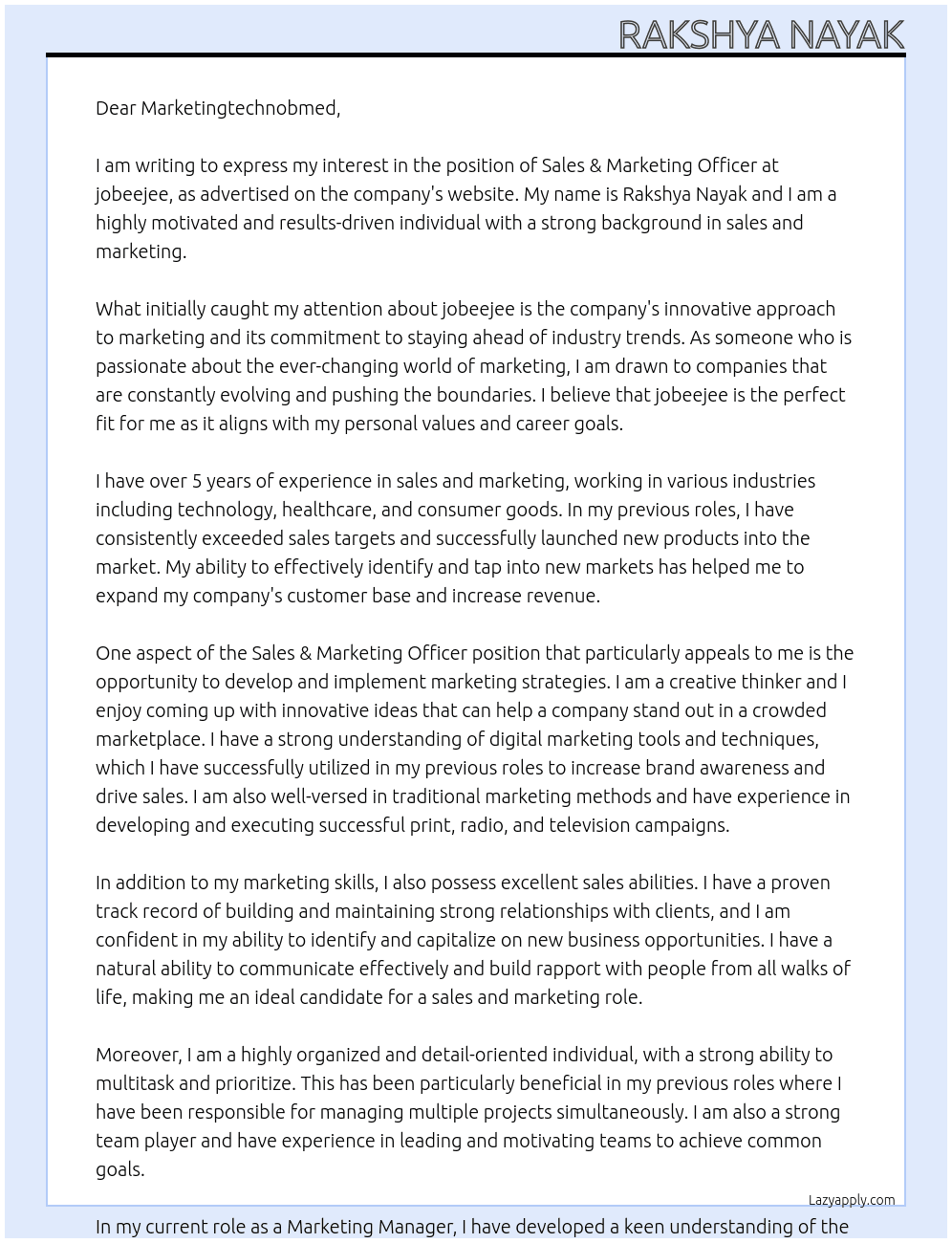 Sales & Marketing Officer  At jobeejee Cover Letter