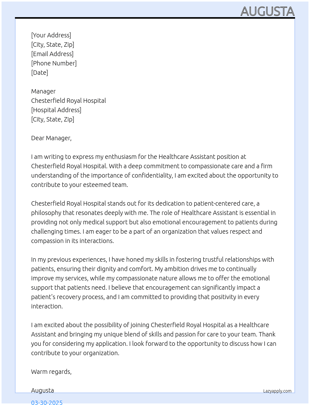 Healthcare Assistant  At Chesterfield Royal Hospital Cover Letter