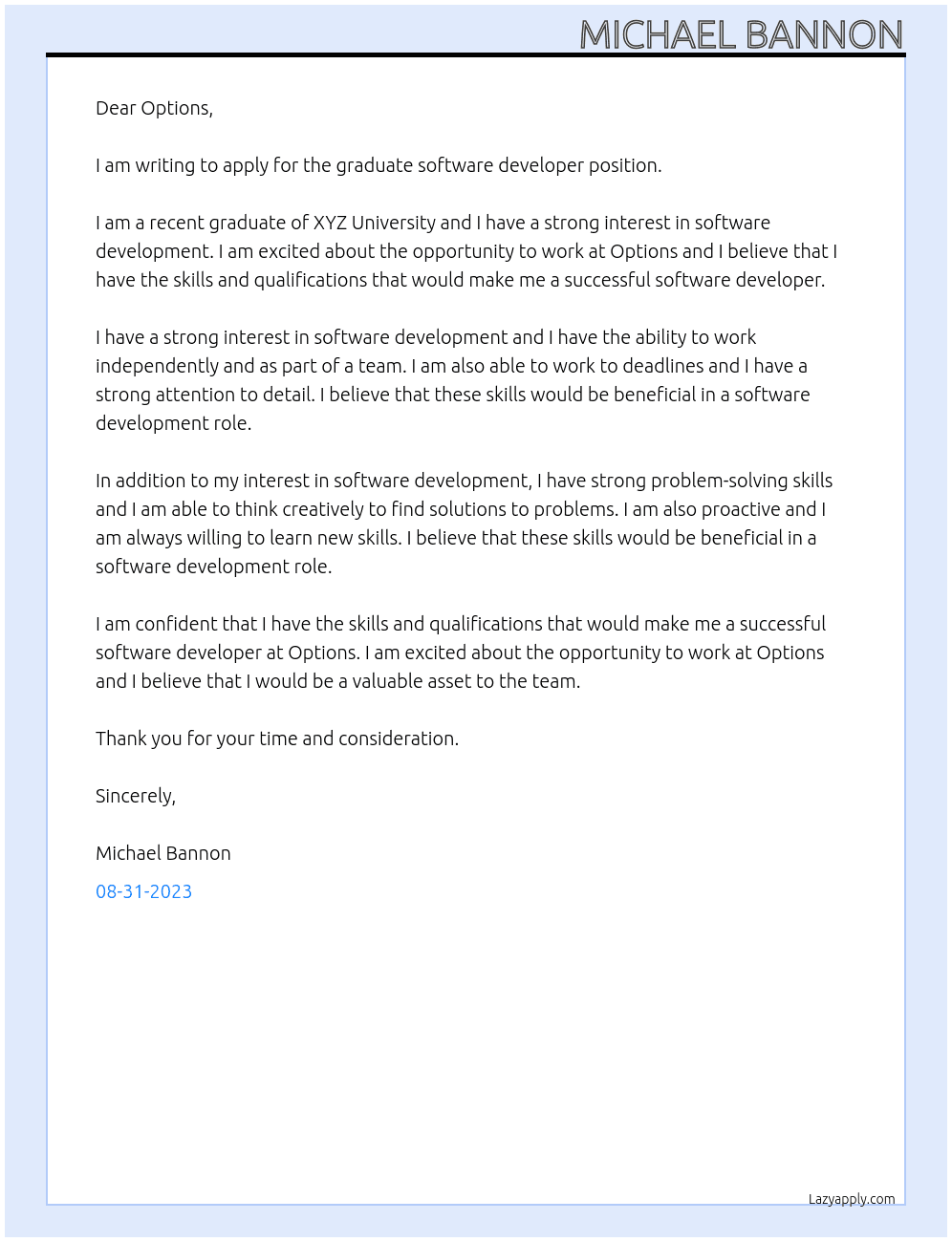 graduate software developer At Options Cover Letter