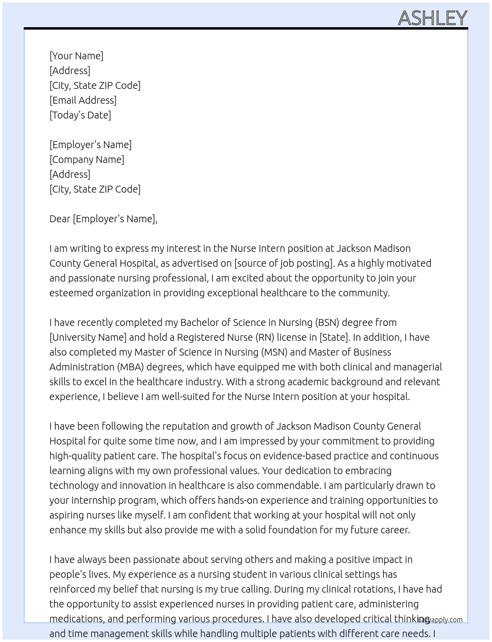 Nurse Intern At Jackson Madison County General Hospital Cover Letter