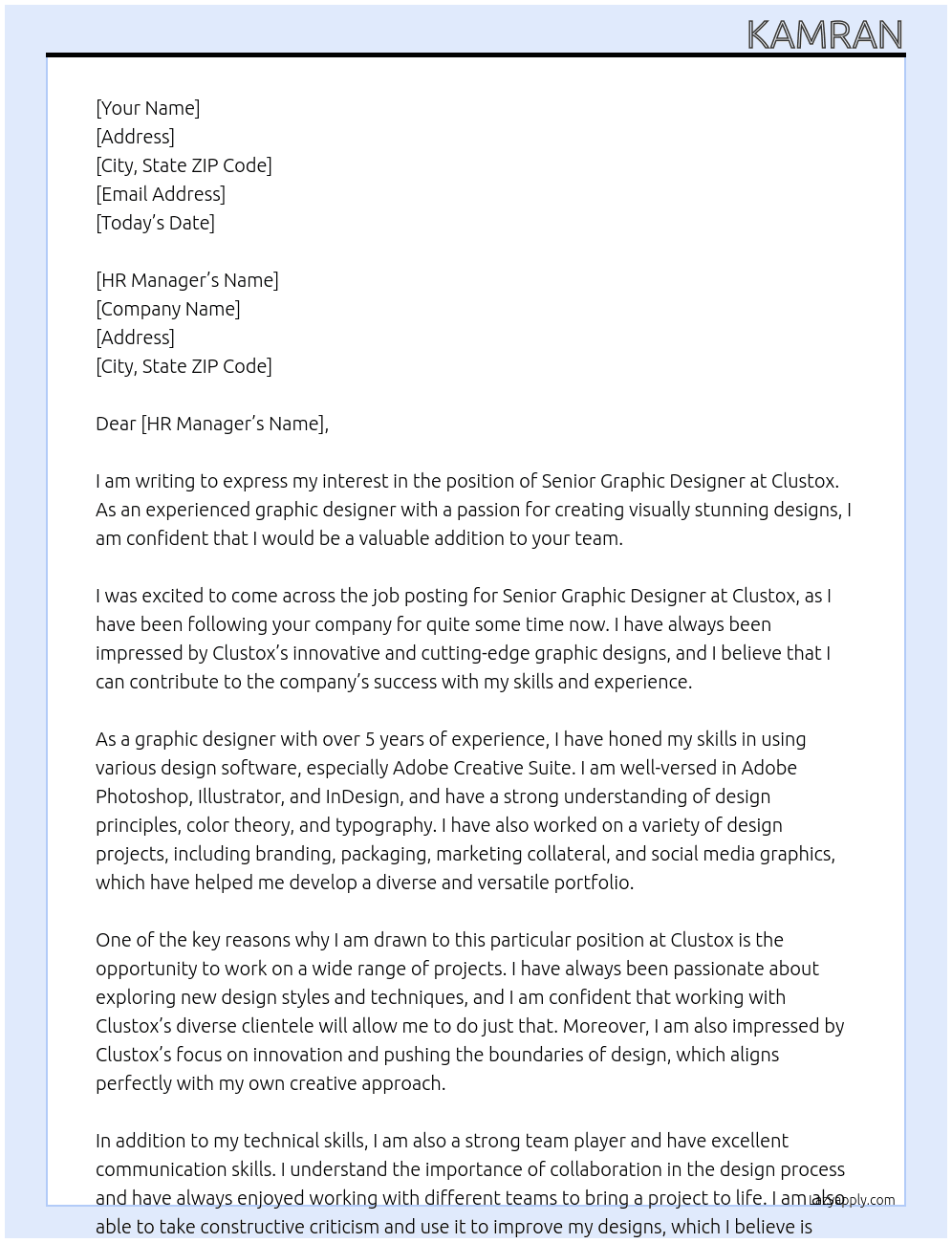 Senior Graphic Designer At Clustox Cover Letter