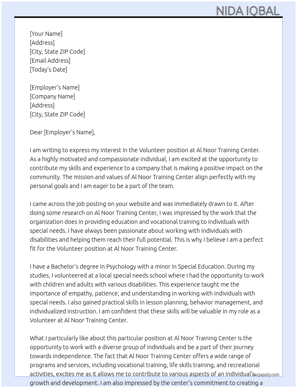 Volunteer position  At Al noor training center  Cover Letter