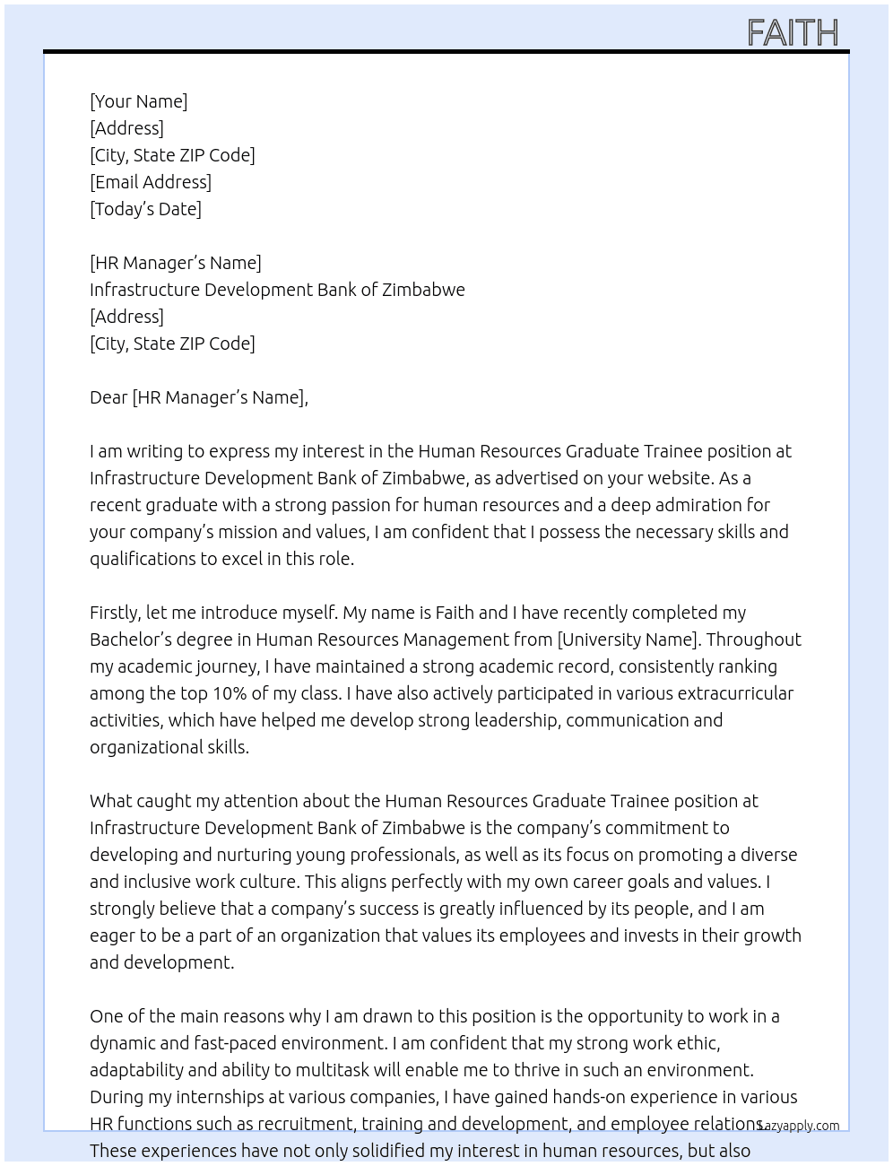 Human Resources Graduate Trainee  At Infrastructure development Bank of Zimbabwe  Cover Letter