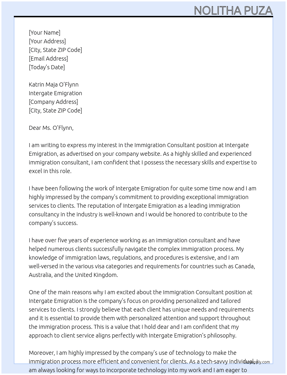 Immigration Consultant At Intergate Emigration  Cover Letter
