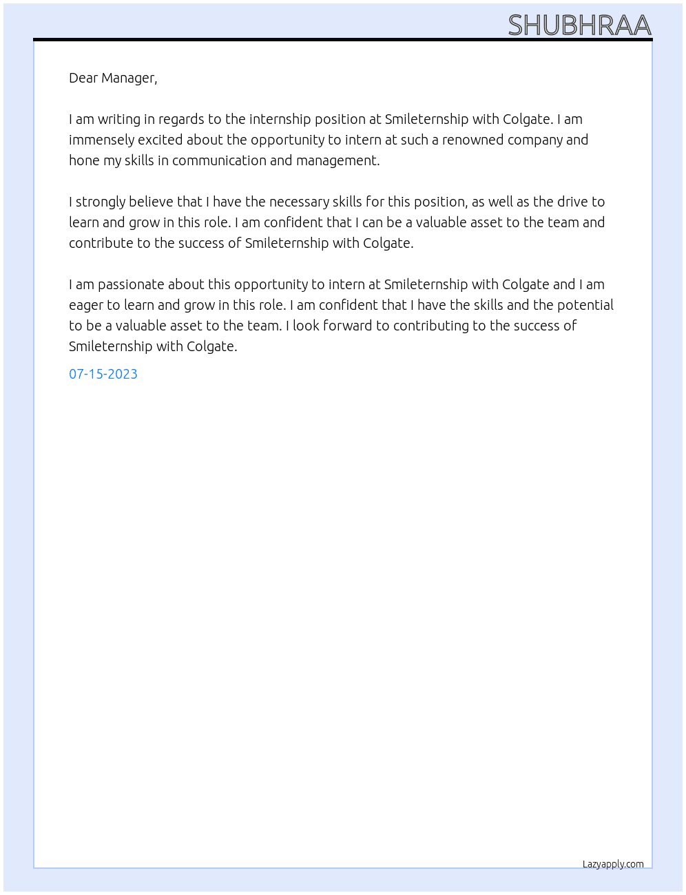 Intership  At Smileternship with colgate Cover Letter