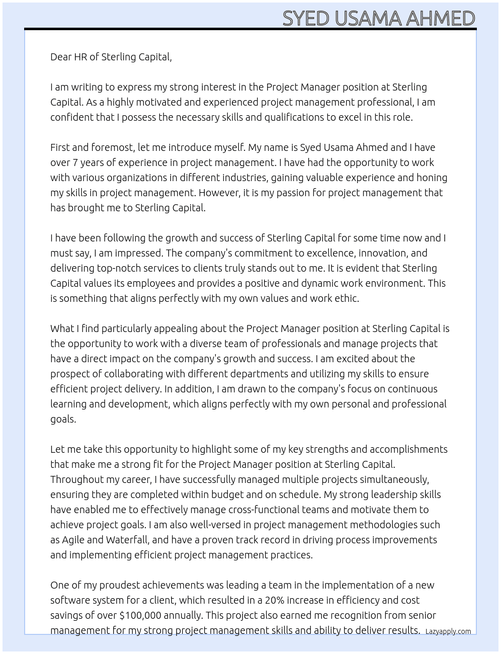 Project Manager At Sterling Capital Cover Letter