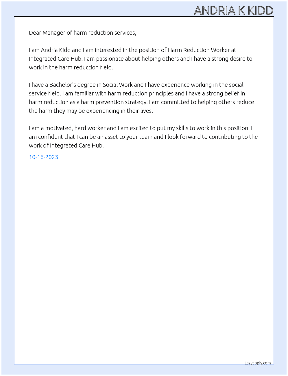 Harm Reduction Worker At Integrated Care Hub Cover Letter