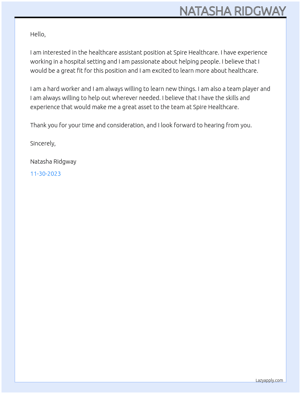 Healthcare assistant At Spire Healthcare Cover Letter