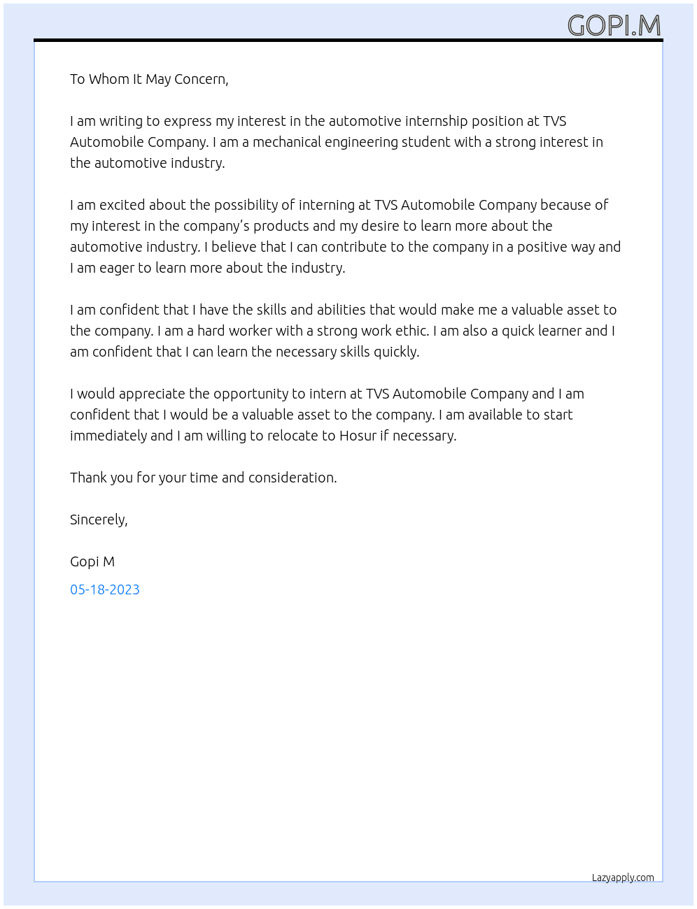 Auto mobile At Tvs automobile company  Cover Letter
