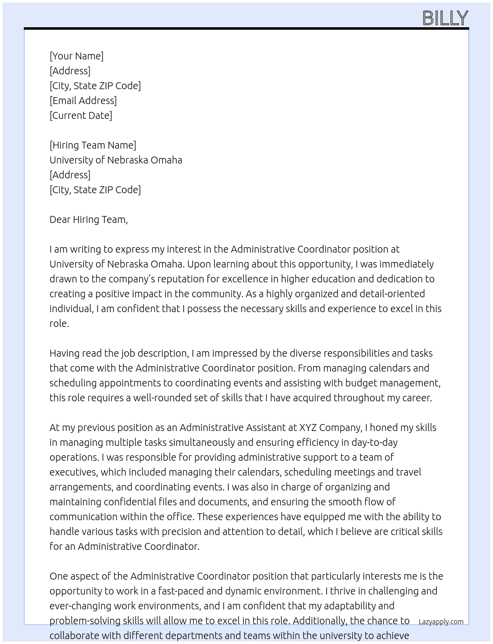 Administrative Coordinator  At University of Nebraska Omaha Cover Letter