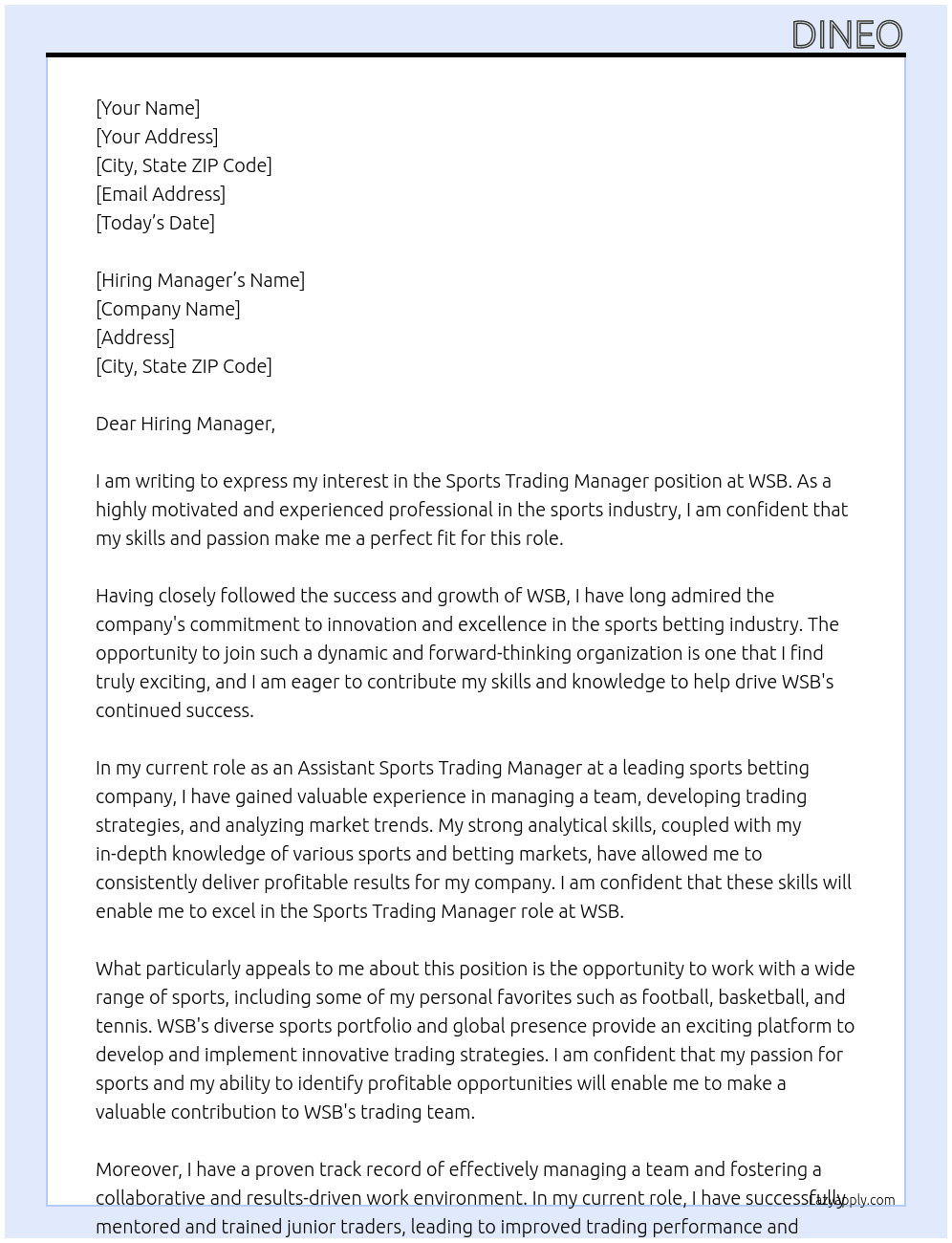 SPORTS TRADING MANAGER At WSB Cover Letter