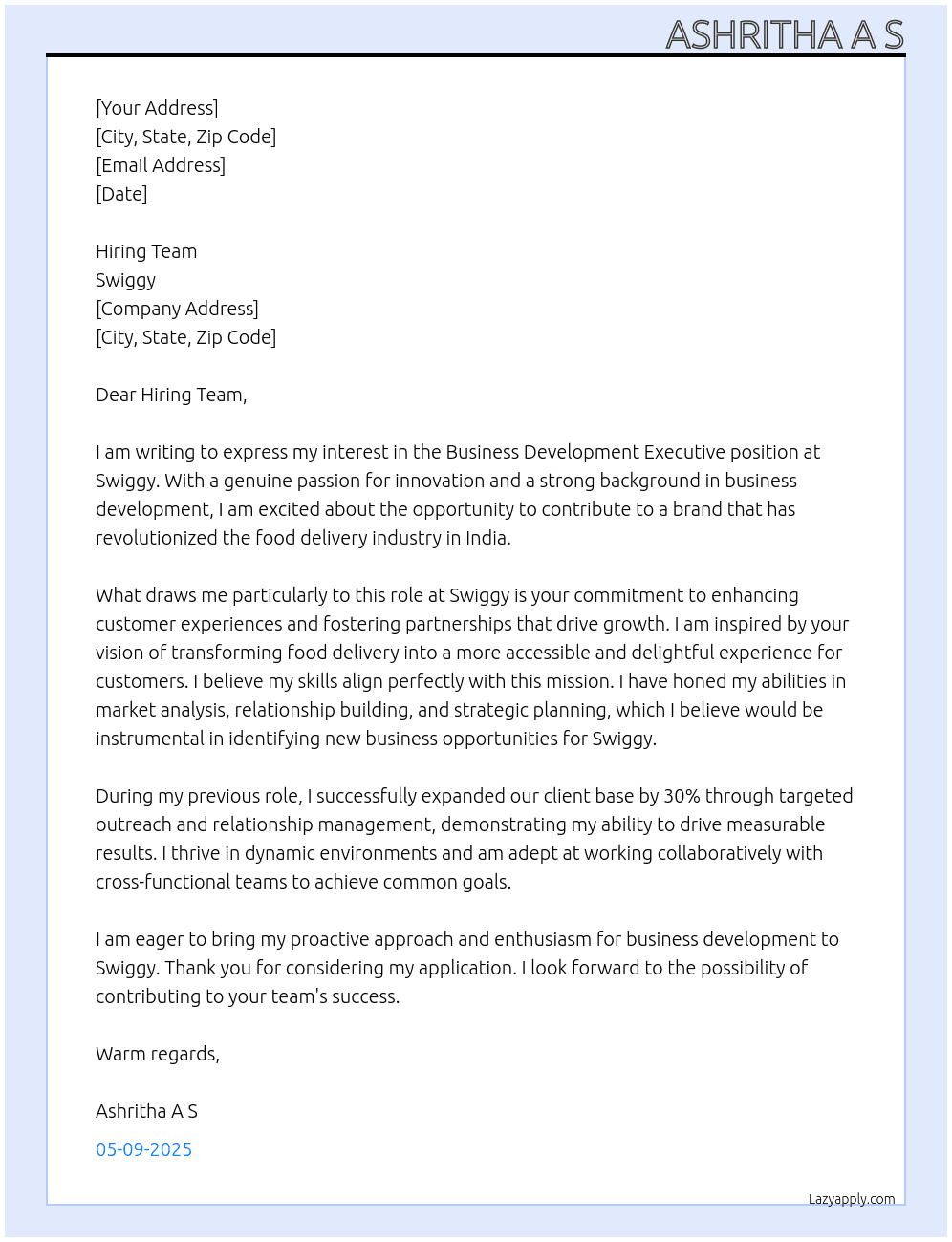 Business development executive At Swiggy Cover Letter