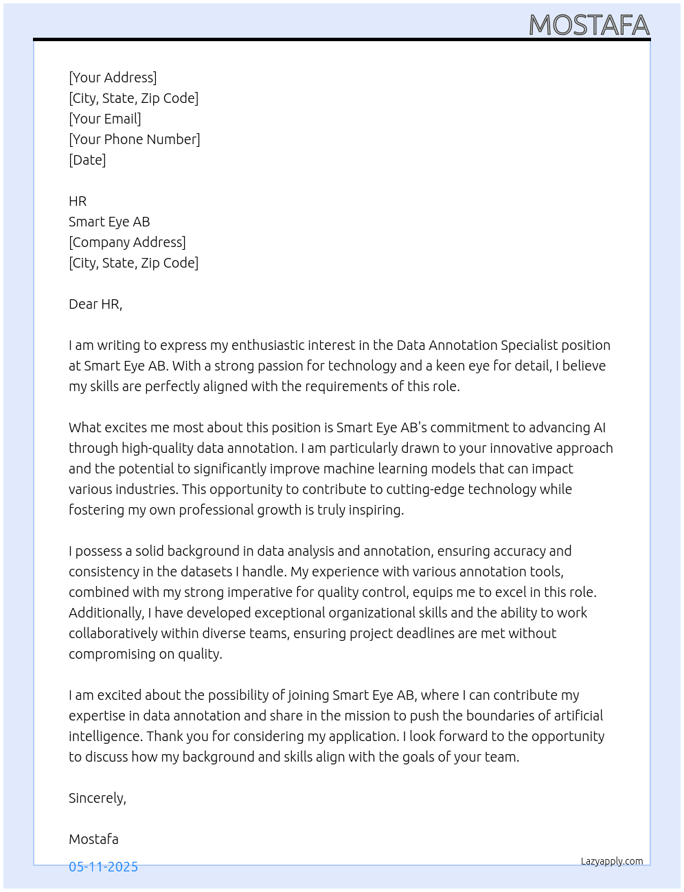 Data Annotation Specialist At Smart Eye AB Cover Letter