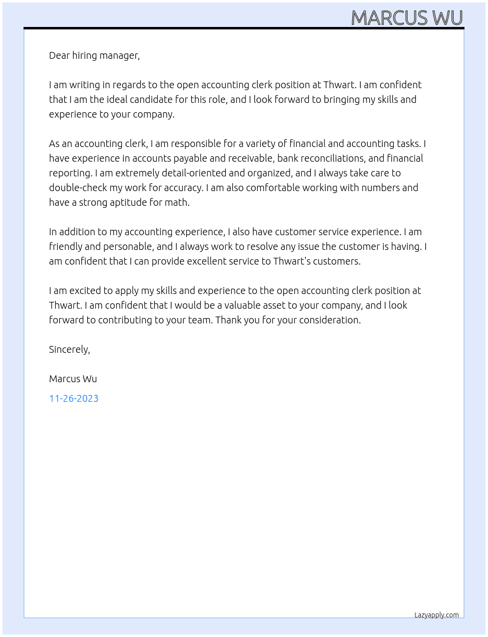 Accounting clerk At Thwart Cover Letter