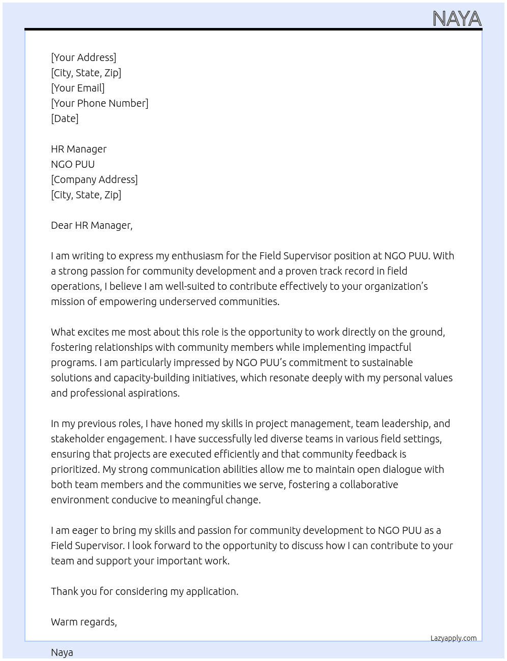 Cover letter for field supervisor - LazyApply