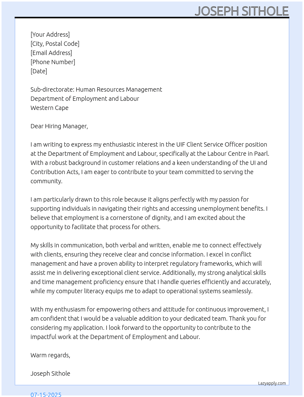 UIF Client Service Officer At Department of Employment and Labour Cover Letter