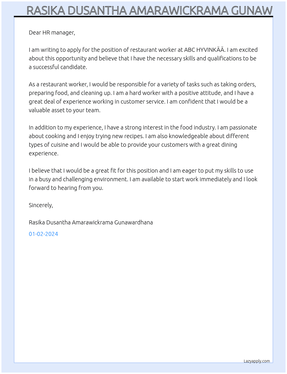 Restaurant Worker At ABC HYVINKÄÄ Cover Letter