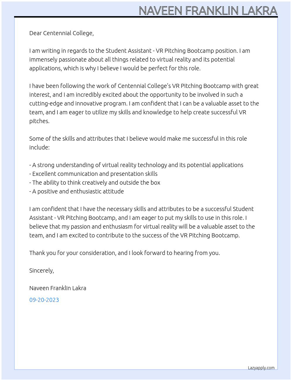 Student Assistant - VR Pitching Bootcamp At Centennial college Cover Letter