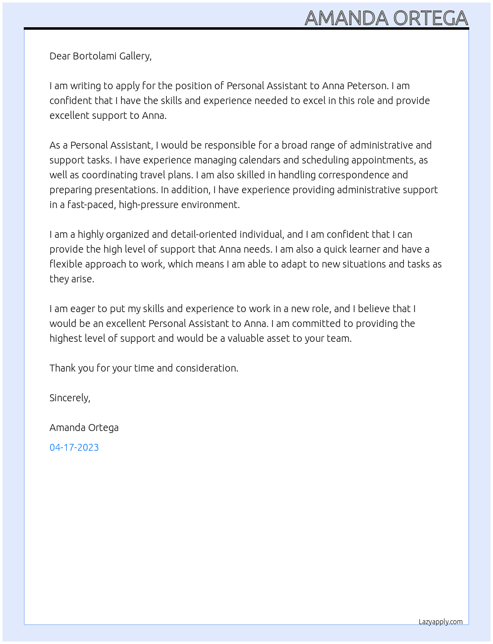 Personal Assistant At Bortolami Gallery Cover Letter