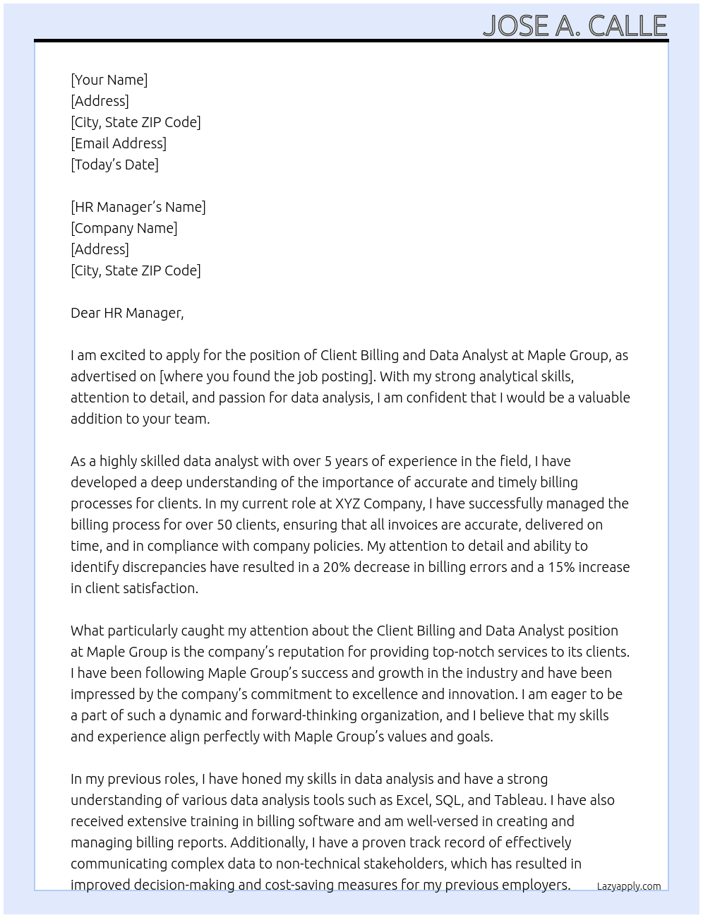 Client Billing and Data Analyst  At Maple Group Cover Letter